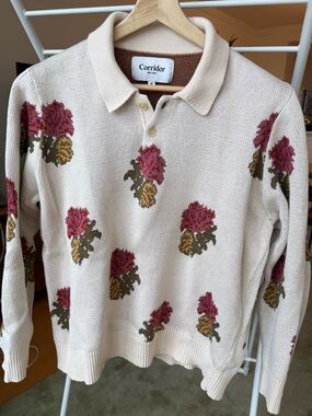 Corridor Floral Polo Sweater in Cream and Burgundy